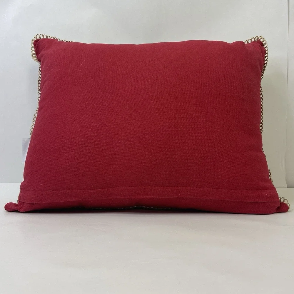 Embroidered Pillow‎ Bicycle Fringe Hearts Beige/Red 18x14x6 Cottagecore